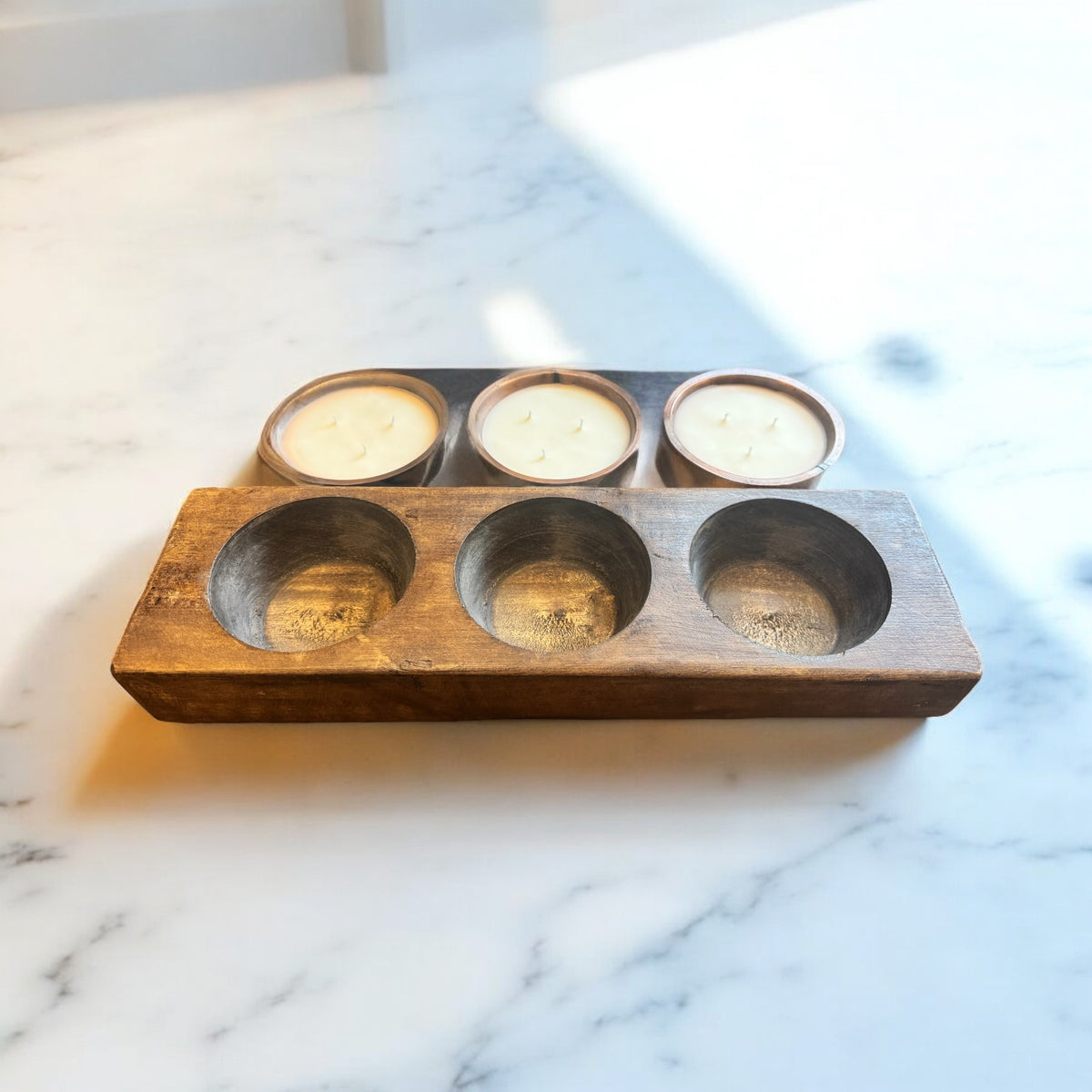 ARTISAN WOOD VESSEL FOR CANDLE INSERTS - TRIPLE
